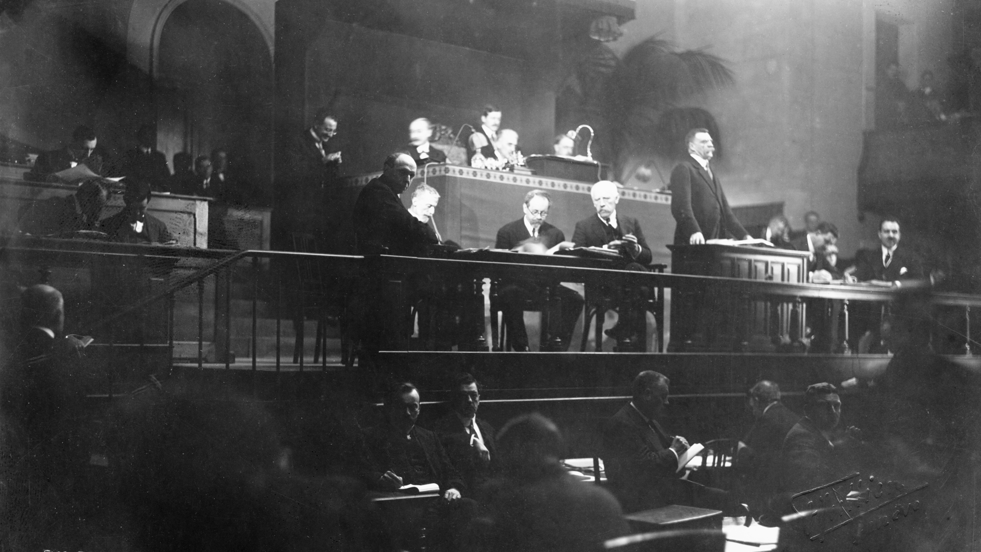 <p>After the First World War, peace is finally ratified, and the League of Nations (a precursor to the United Nations) is established to counteract future wars across the globe.</p>
